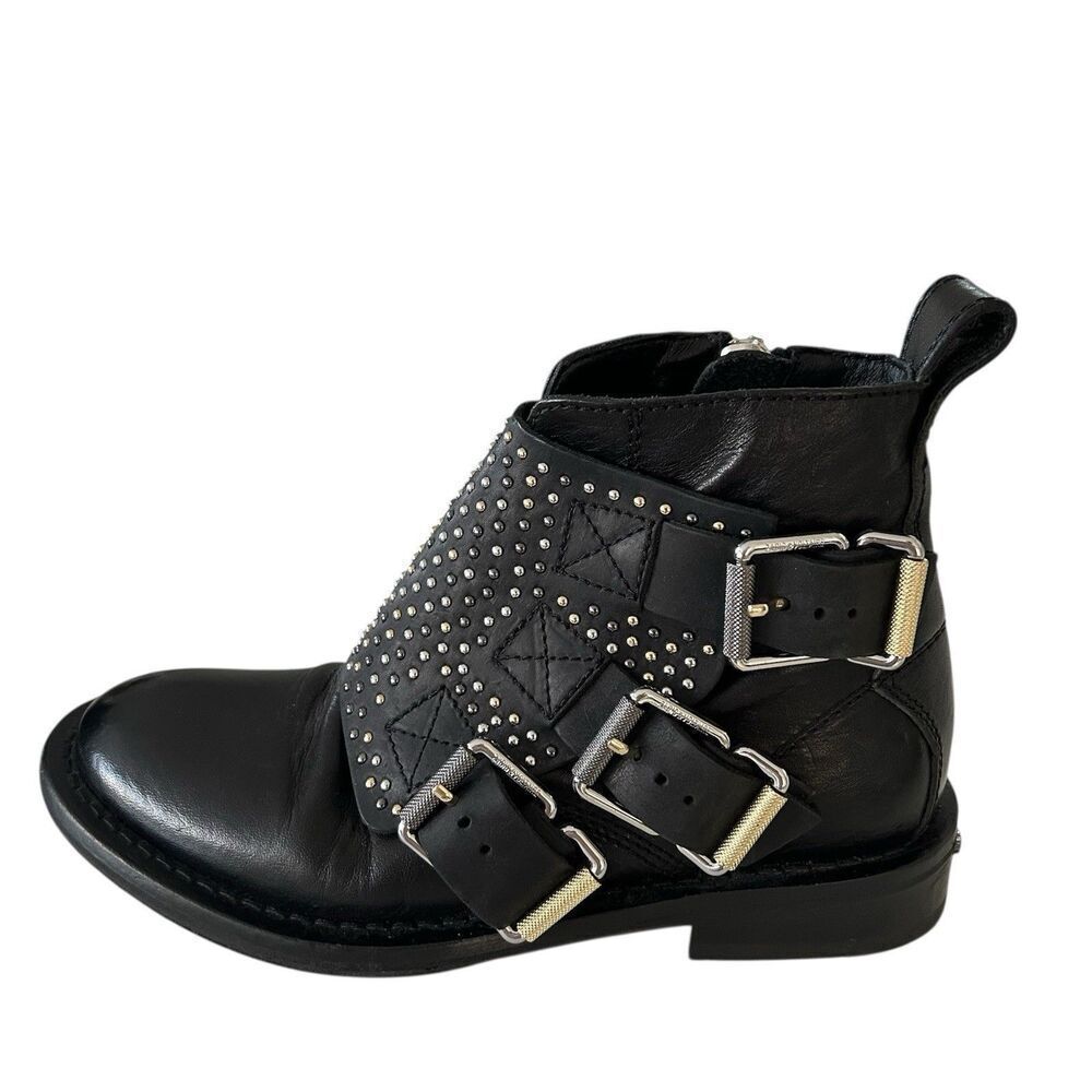ZADIG & VOLTAIRE PARIS STUDDED HARNESS LEATHER ANKLE BOOTIES SZ 36 5.5 Steampunk